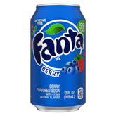 A can of Fanta - Berry Can (America) - 355ml, 150 calories per can, featuring images of berries and labeled as caffeine-free with 100% natural flavors.